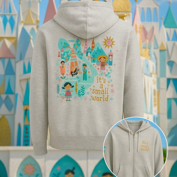 ✨ Disney “It’s a Small World” Full-Zip Hoodie XL — Rare Retro Park Graphic - Picture 1 of 9